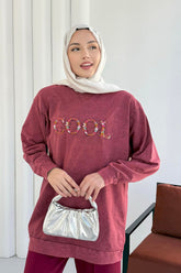 Bisiklet Yaka Önü Nakışlı Yıkamalı Tunik 8920 - Kırmızı